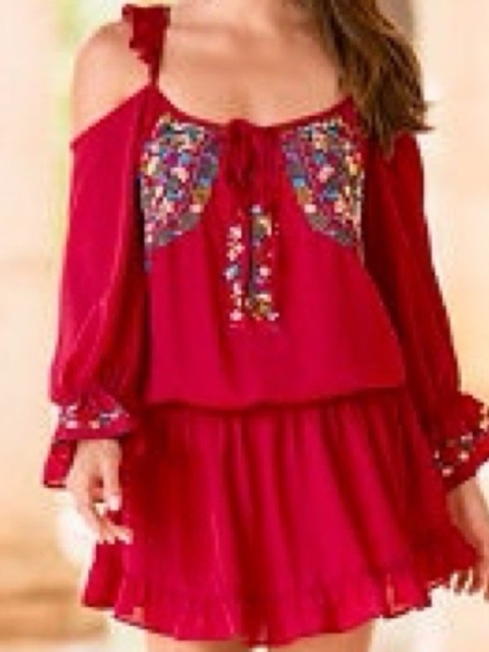Vava by Joy Han Red Cold-Shoulder Embroidered Midi Dress